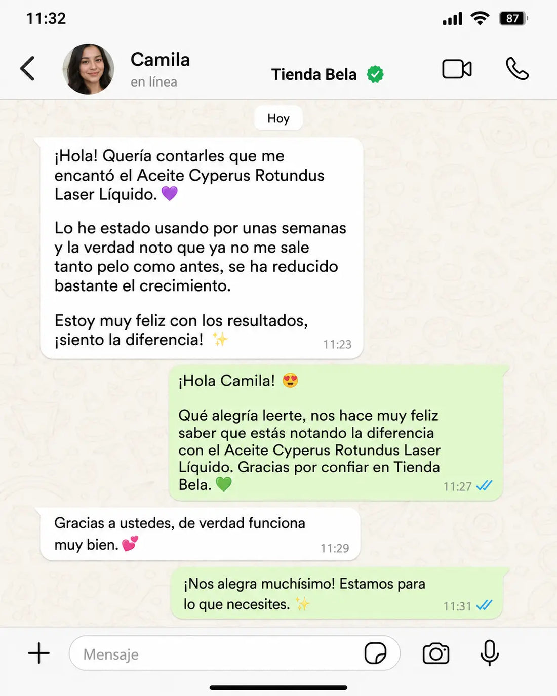 Conversación de una clienta sobre Cyperus Rotundus Oil