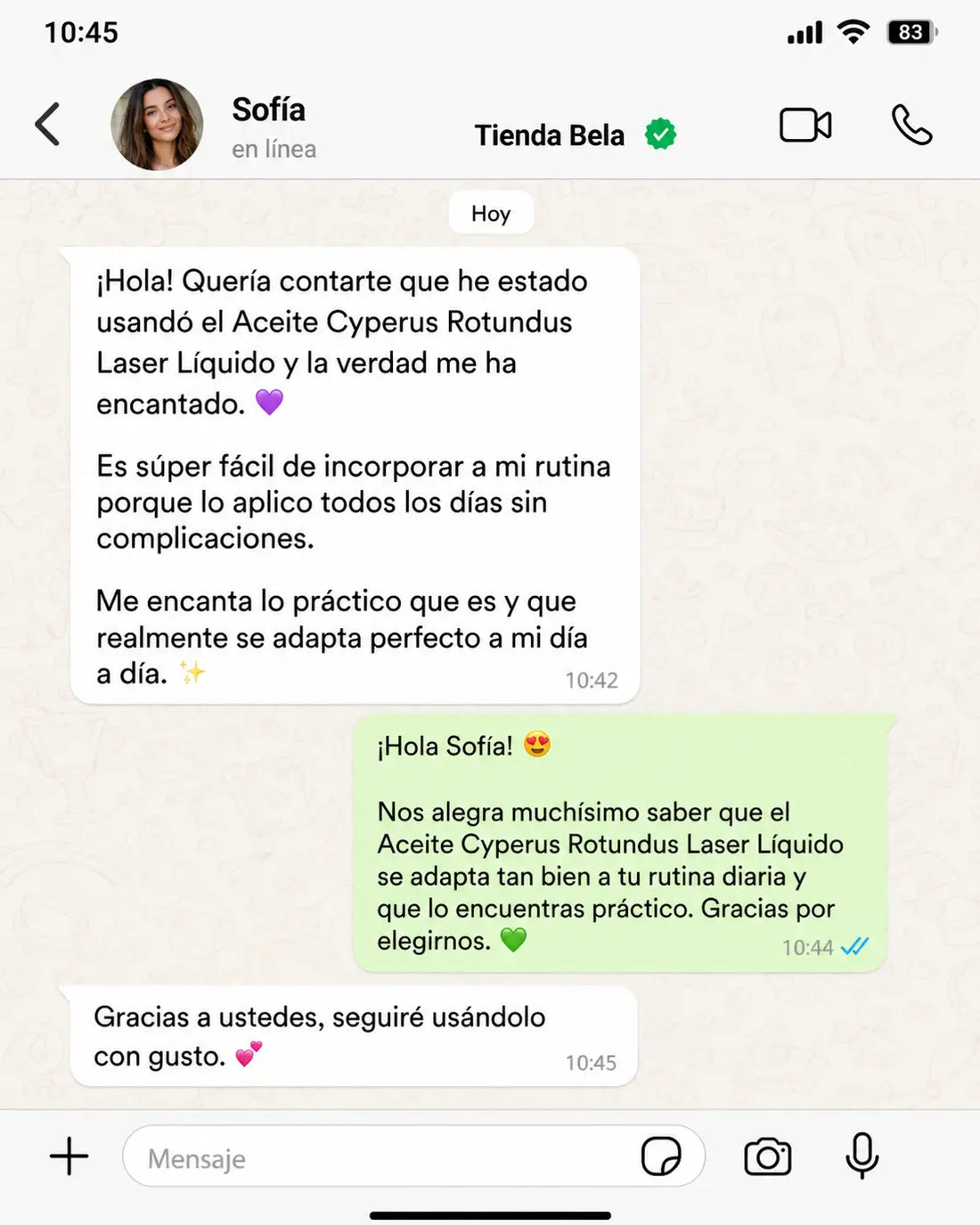 Conversación de una clienta sobre Cyperus Rotundus Oil