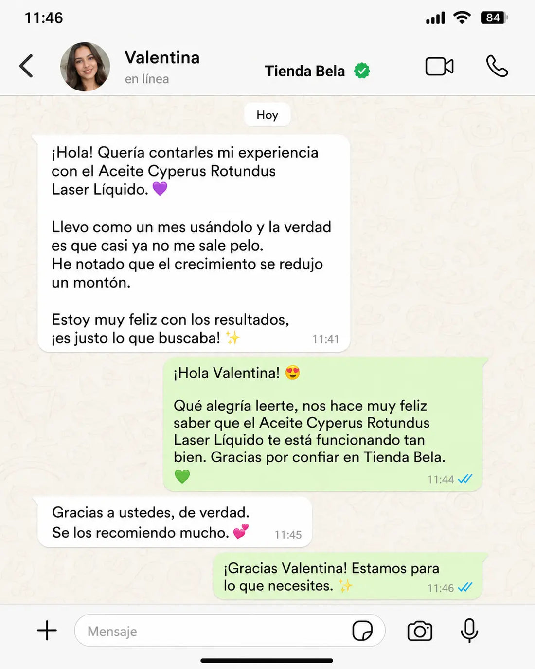 Conversación de una clienta sobre Cyperus Rotundus Oil