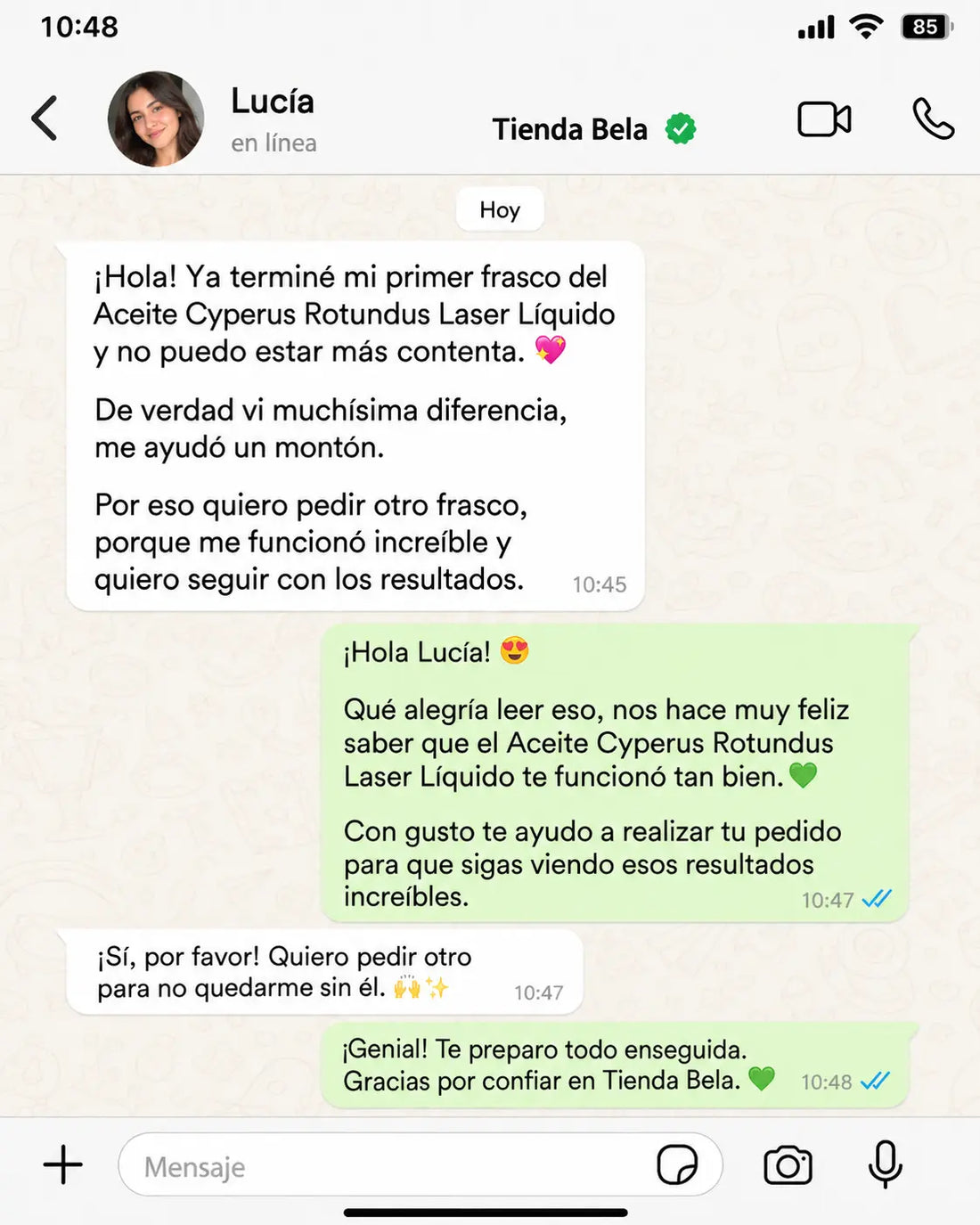 Conversación de una clienta sobre Cyperus Rotundus Oil
