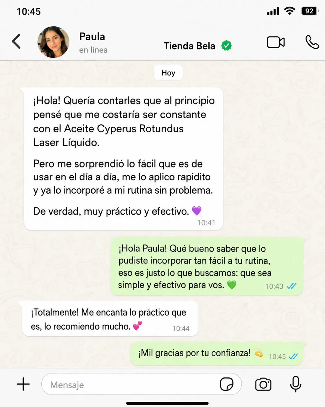 Conversación de una clienta sobre Cyperus Rotundus Oil