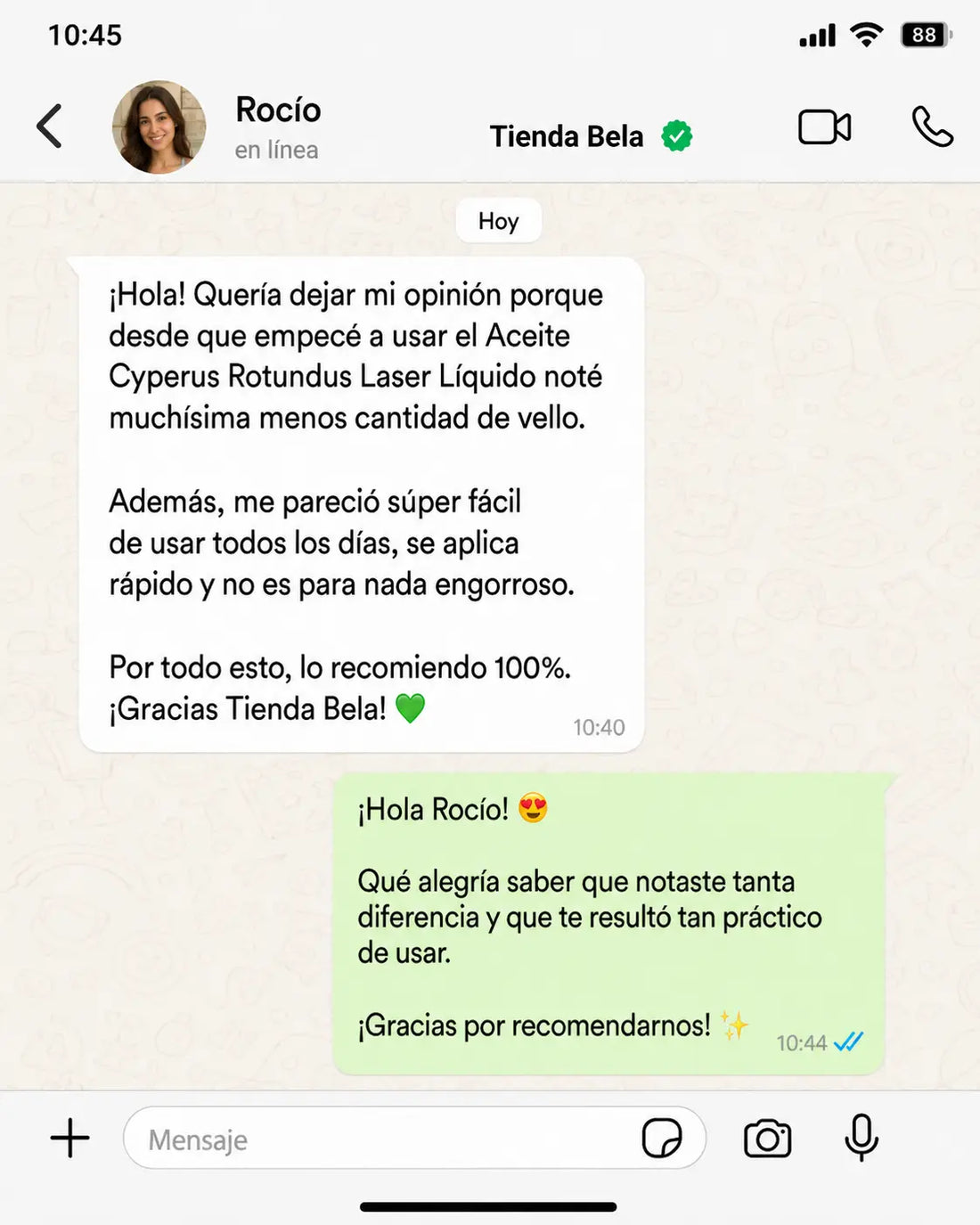 Conversación de una clienta sobre Cyperus Rotundus Oil