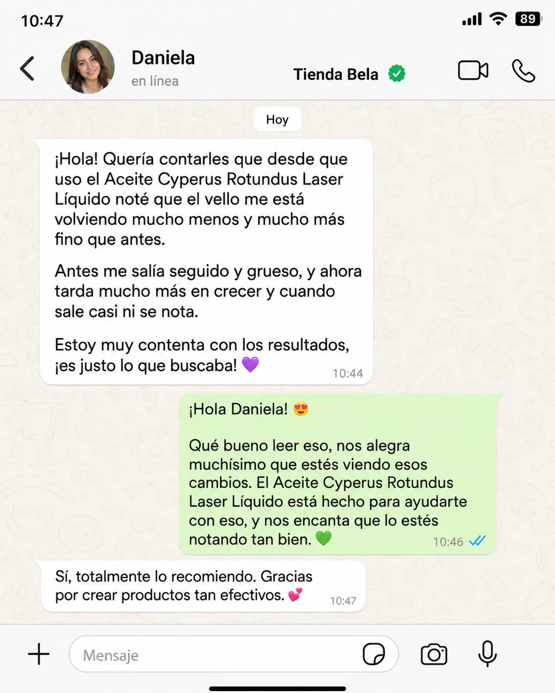 Conversación de una clienta sobre Cyperus Rotundus Oil