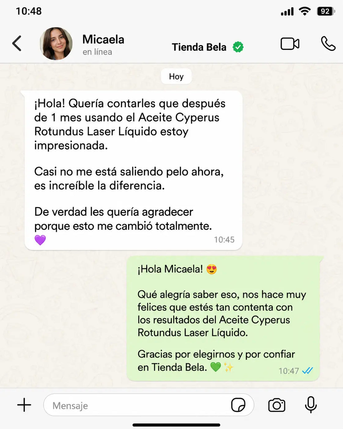Conversación de una clienta sobre Cyperus Rotundus Oil