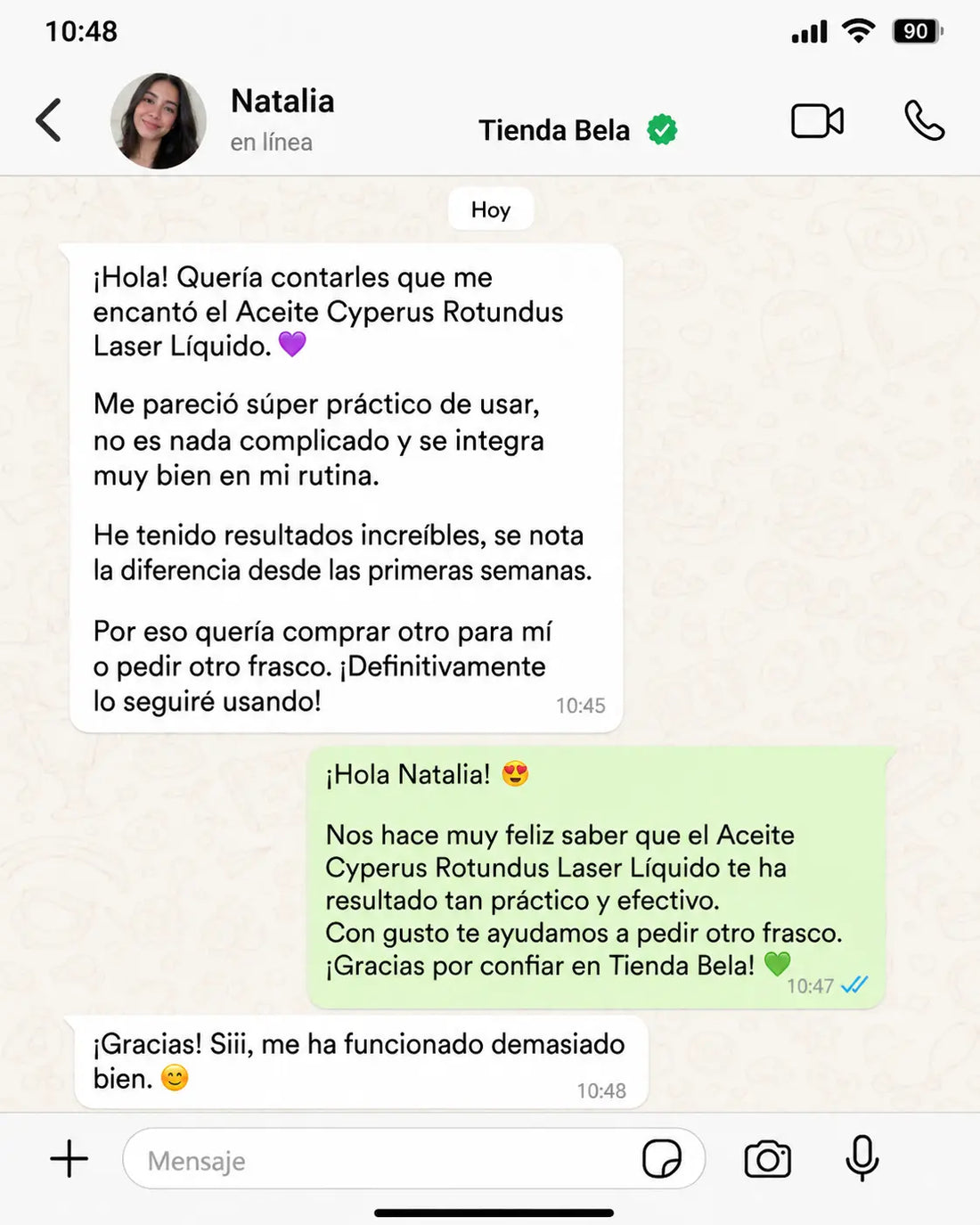 Conversación de una clienta sobre Cyperus Rotundus Oil