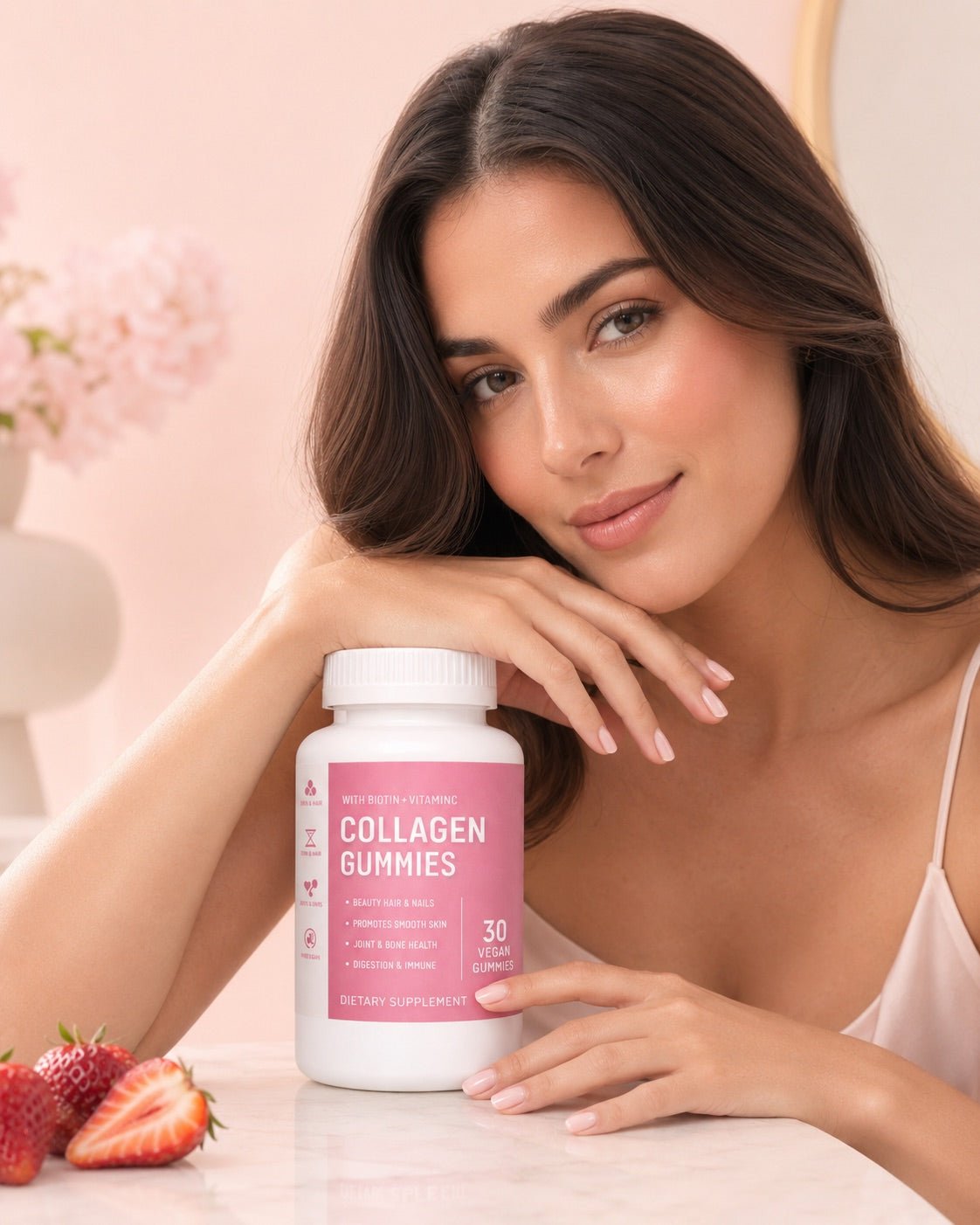 Modelo junto al frasco de gomitas de colágeno
