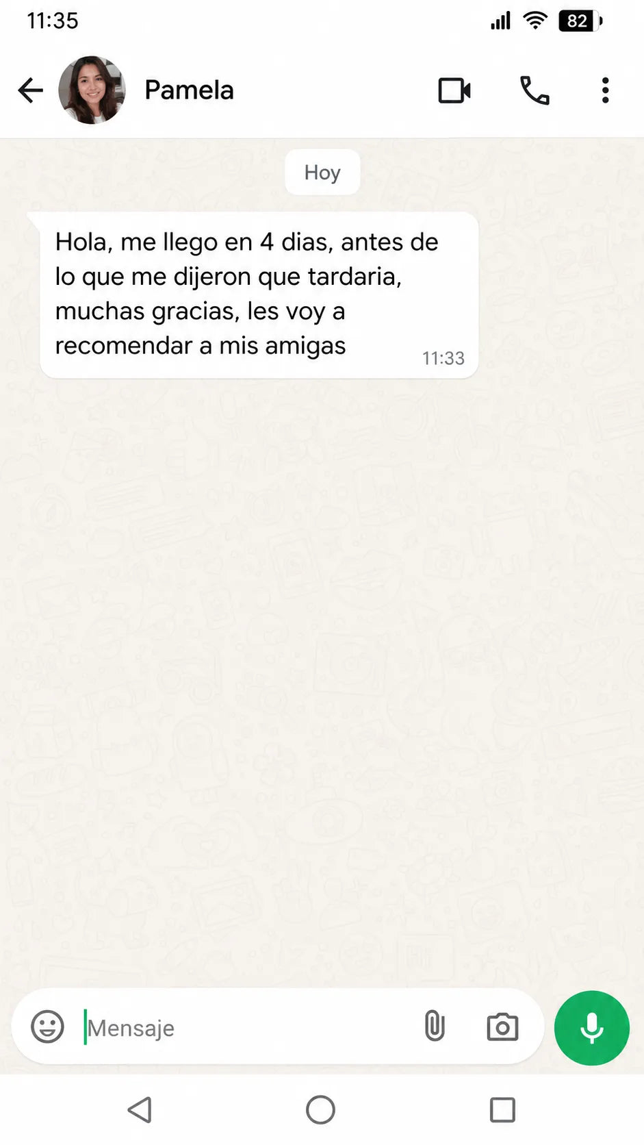 Pamela — experiencia compartida por WhatsApp