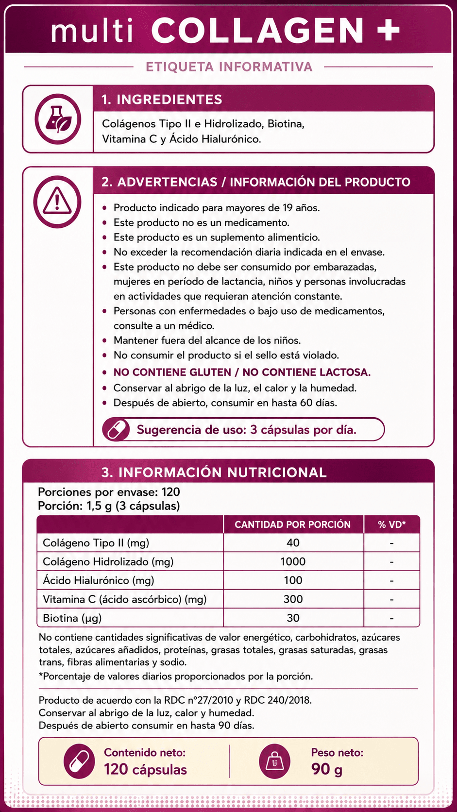 Tabla nutricional y sugerencia de uso del envase